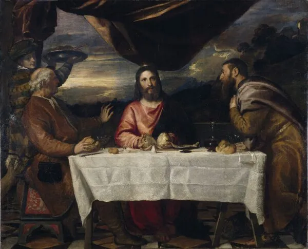 The Supper at Emmaus (1545) by Titian — original painting reproduced as a hand-painted oil on canvas
