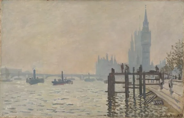 The Thames below Westminster (1871) by Claude Monet — original painting reproduced as a hand-painted oil on canvas