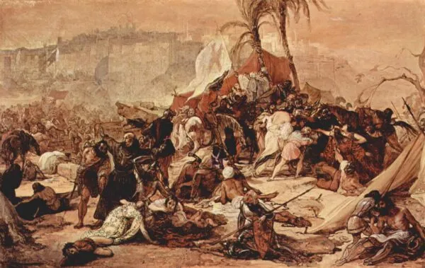 The thirst of the crusaders at Jerusalem (1837) by Francesco Hayez — original painting reproduced as a hand-painted oil on canvas