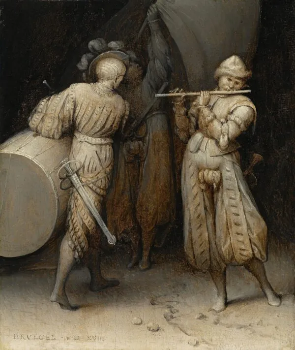 The Three Soldiers (1568) by Pieter Brueghel the Elder — original painting reproduced as a hand-painted oil on canvas