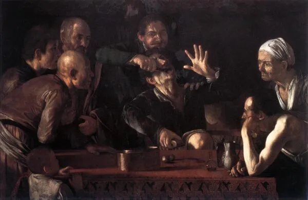 The Toothpuller (1608) by Caravaggio — original painting reproduced as a hand-painted oil on canvas