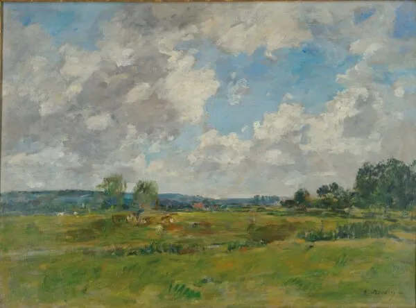The Touques Valley (1880) by Eugène Louis Boudin — original painting reproduced as a hand-painted oil on canvas