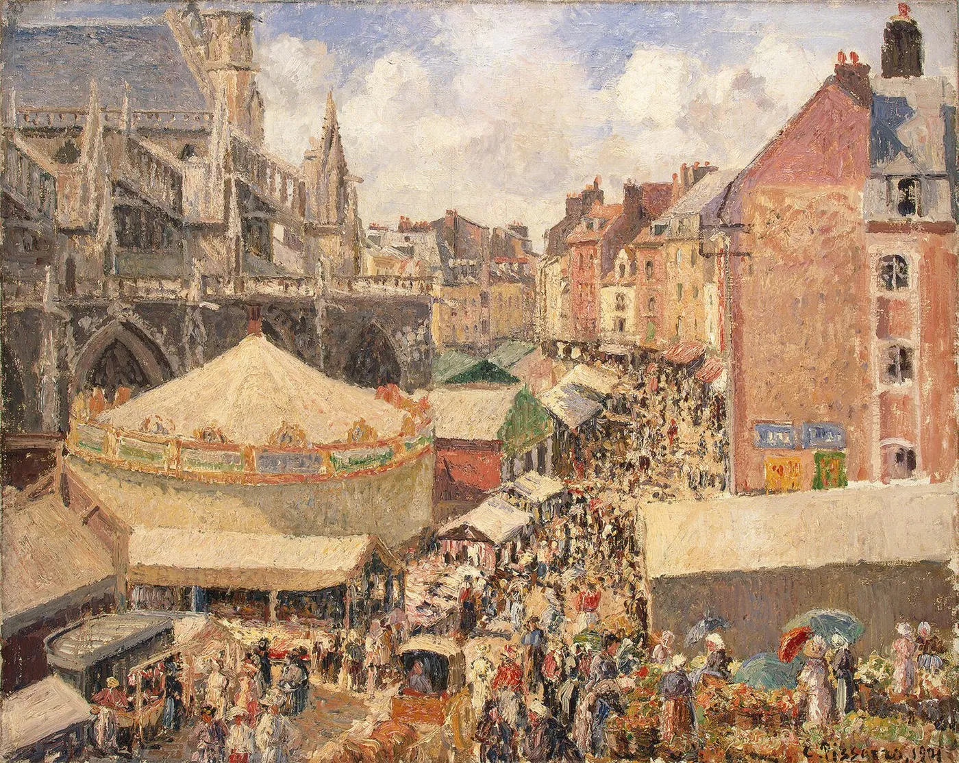 The Town Fair by the Church of Saint-Jacques in Dieppe, Morning, Sunlight (1901) by Camille Pissarro — original painting reproduced as a hand-painted oil on canvas