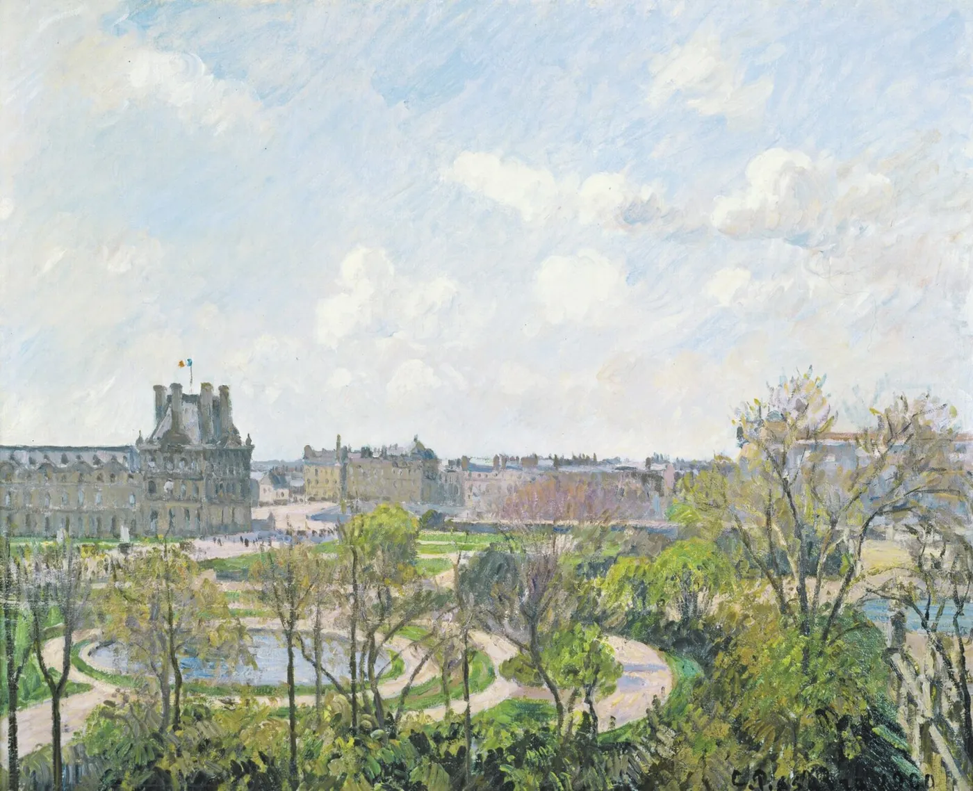 The Tuileries Garden and the Pavillon de Flore, Morning, Spring (1900) by Camille Pissarro — original painting reproduced as a hand-painted oil on canvas