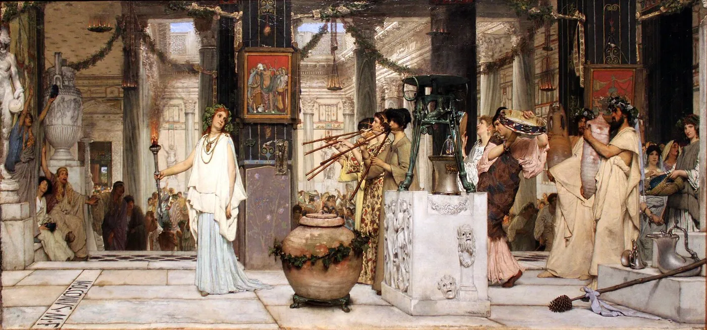 The Vintage Festival (1871) by Lawrence Alma-Tadema — original painting reproduced as a hand-painted oil on canvas