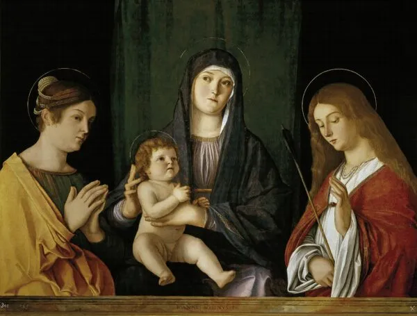 The Virgin and Child between two Saints (1490) by Giovanni Bellini — original painting reproduced as a hand-painted oil on canvas