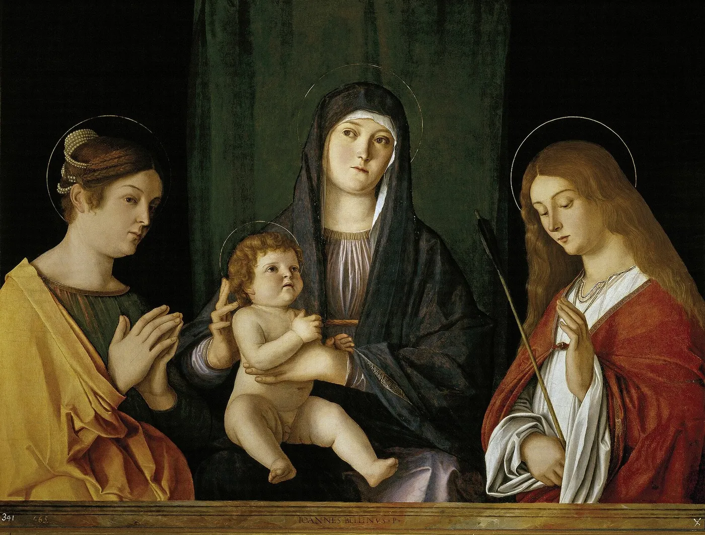 The Virgin and Child between two Saints (1490) by Giovanni Bellini — original painting reproduced as a hand-painted oil on canvas