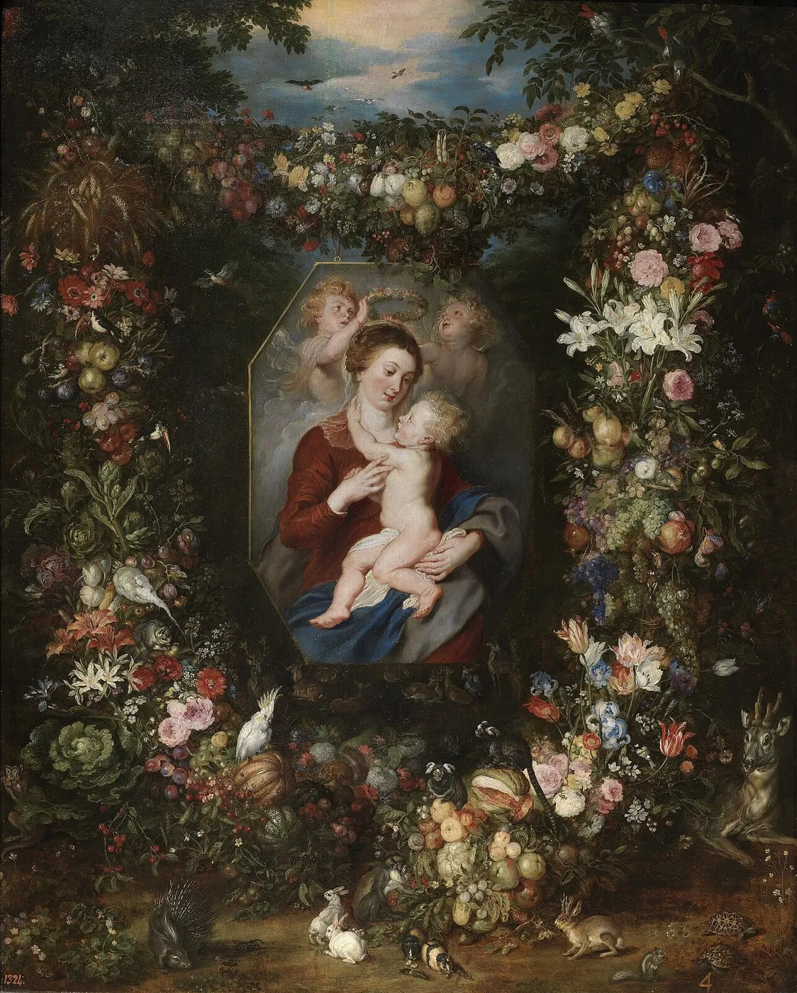 The Virgin and Child in a Painting surrounded by Fruit and Flowers (1617) by Jan Brueghel the Elder — original painting reproduced as a hand-painted oil on canvas