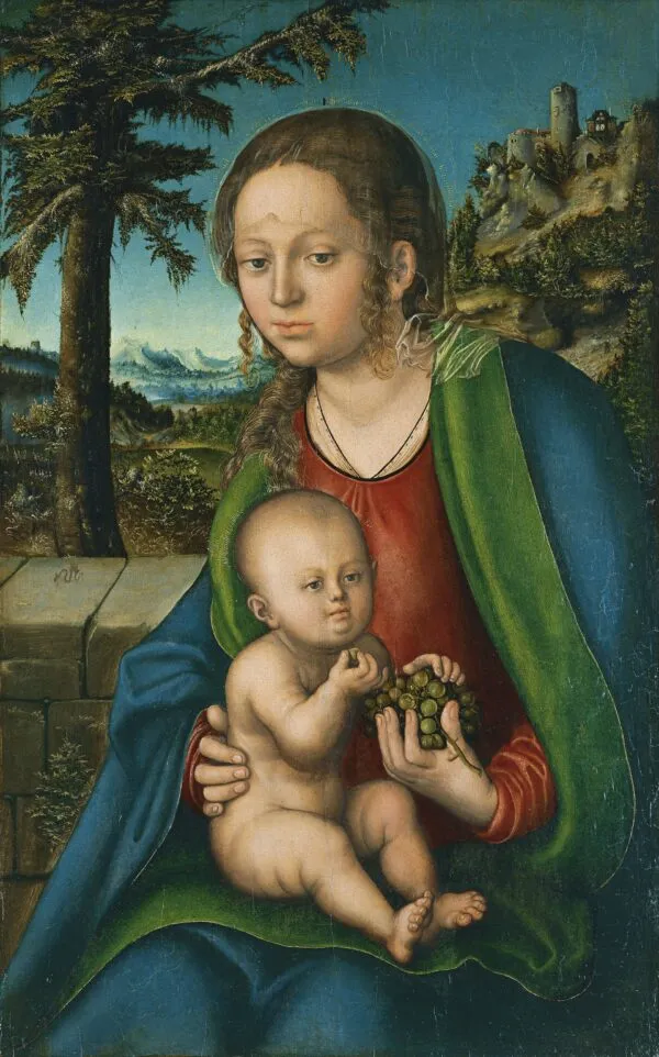 The Virgin and Child with a Bunch of Grapes (1509) by Lucas Cranach the Elder — original painting reproduced as a hand-painted oil on canvas