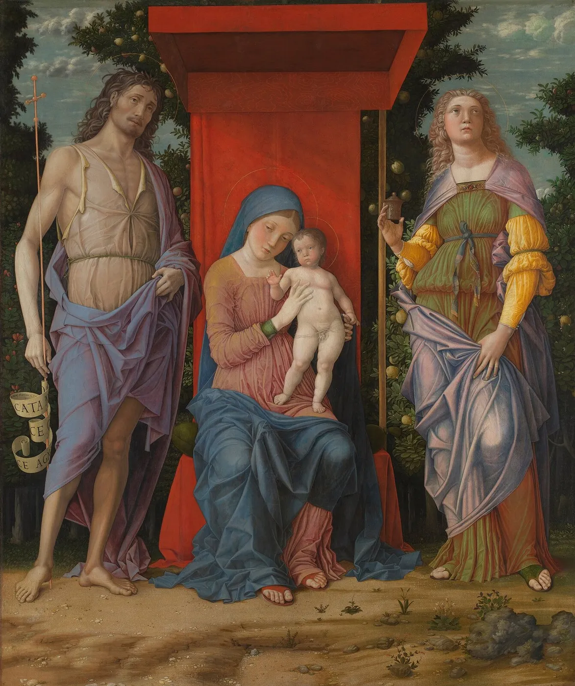 The Virgin and Child with the Magdalen and Saint John the Baptist (1497) by Andrea Mantegna — original painting reproduced as a hand-painted oil on canvas