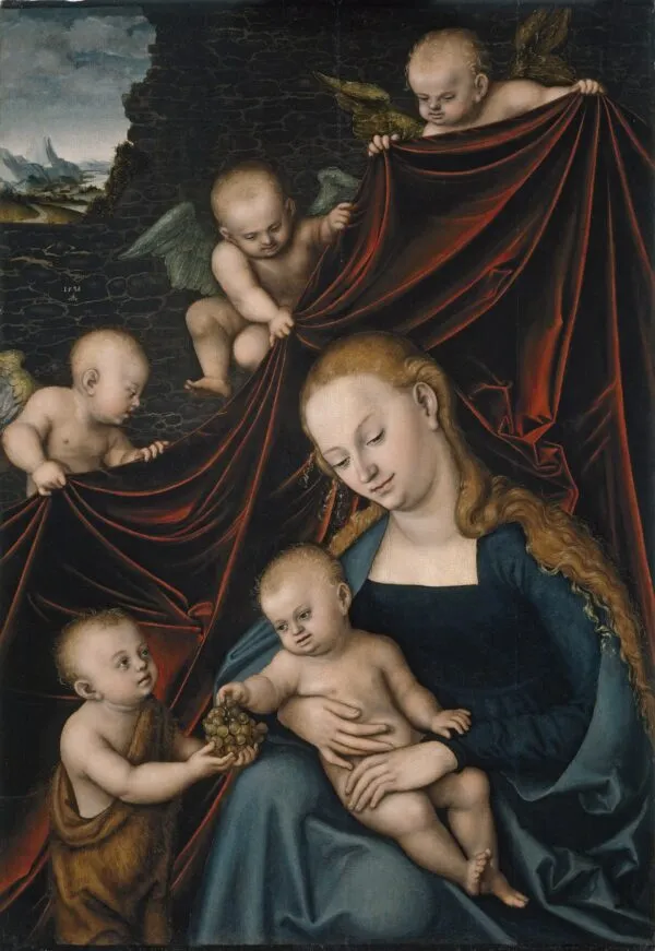 The Virgin and the Child, Saint John and Angels (1536) by Lucas Cranach the Elder — original painting reproduced as a hand-painted oil on canvas