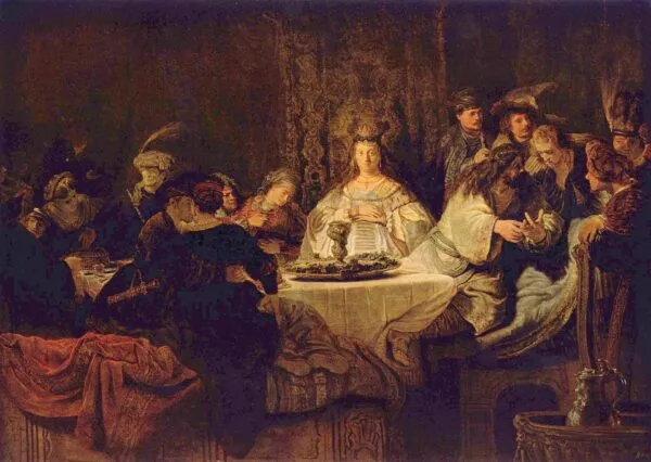 The Wedding of Samson (1638) by Rembrandt — original painting reproduced as a hand-painted oil on canvas