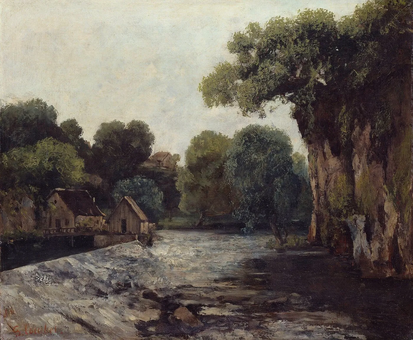 The Weir at the Mill (1866) by Gustave Courbet — original painting reproduced as a hand-painted oil on canvas