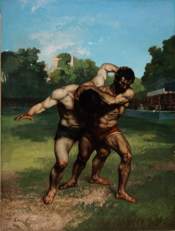 The Wrestlers (1853) by Gustave Courbet — original painting reproduced as a hand-painted oil on canvas