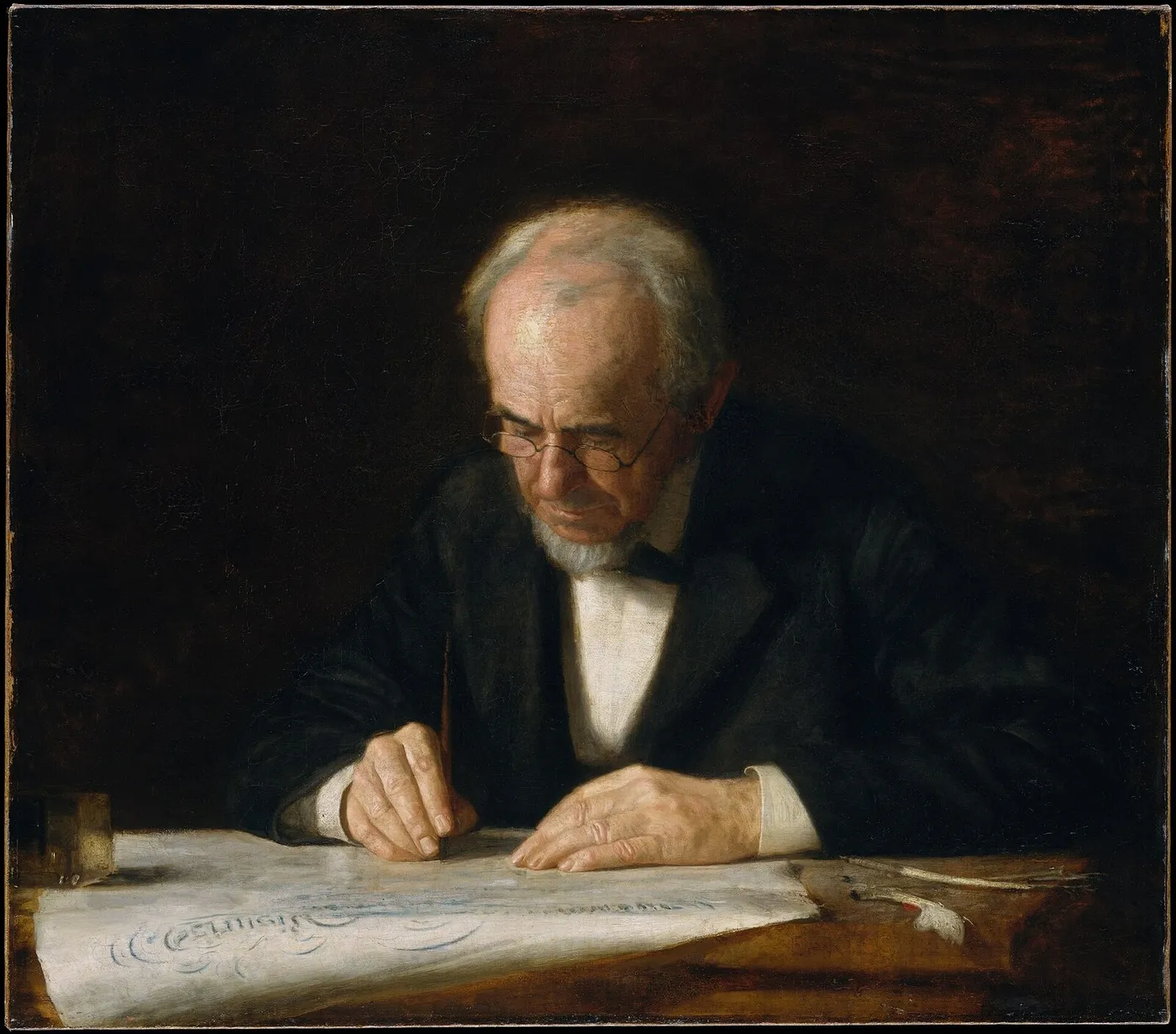 The Writing Master (1882) by Thomas Eakins — original painting reproduced as a hand-painted oil on canvas