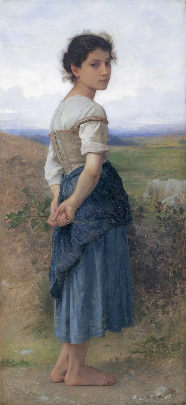 The Young Shepherdess (1885) by William-Adolphe Bouguereau — original painting reproduced as a hand-painted oil on canvas