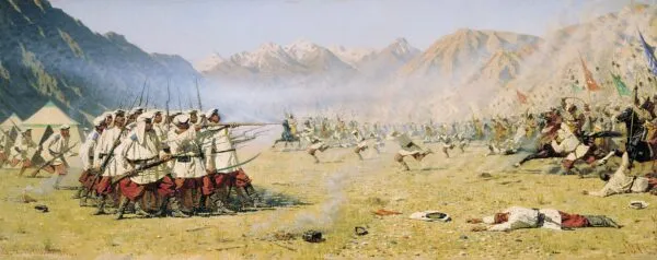 They Attack Unaware (1871) by Vasily Vereshchagin — original painting reproduced as a hand-painted oil on canvas