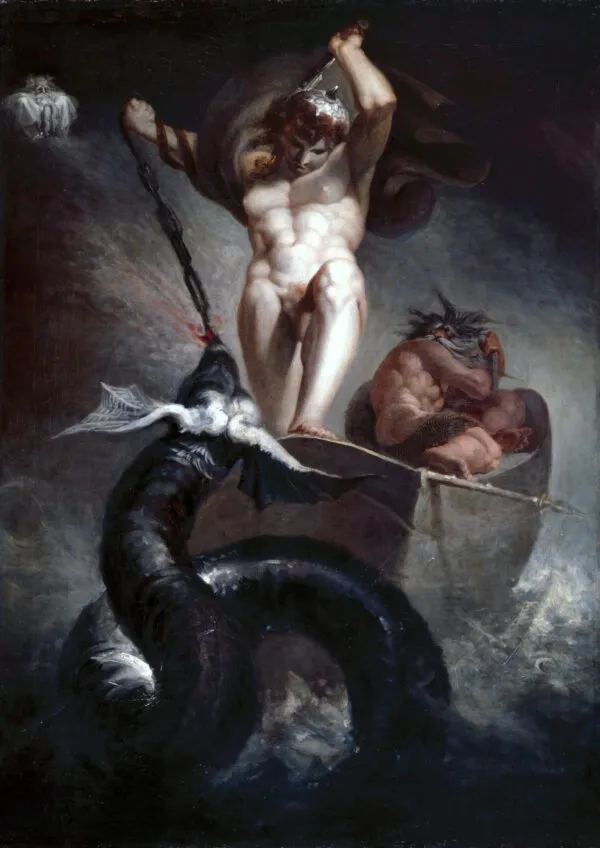 Thor Battering the Midgard Serpent (1790) by Henry Fuseli — original painting reproduced as a hand-painted oil on canvas