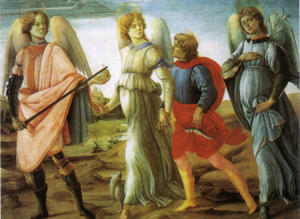 Three Angels and Young Tobias (1485) by Filippino Lippi — original painting reproduced as a hand-painted oil on canvas