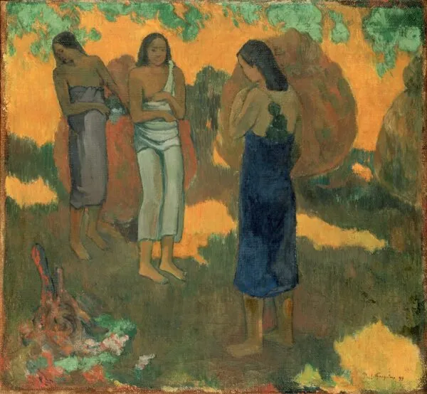 Three Tahitian Women Against a Yellow Background (1899) by Paul Gauguin — original painting reproduced as a hand-painted oil on canvas