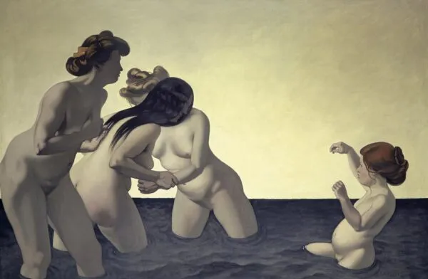 Three Women and One Little Girl Playing in the Water (1907) by Félix Vallotton — original painting reproduced as a hand-painted oil on canvas