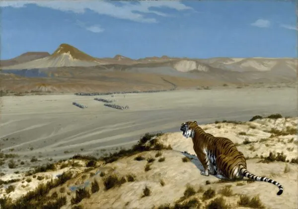 Tiger on the Watch (1888) by Jean-Léon Gérôme — original painting reproduced as a hand-painted oil on canvas