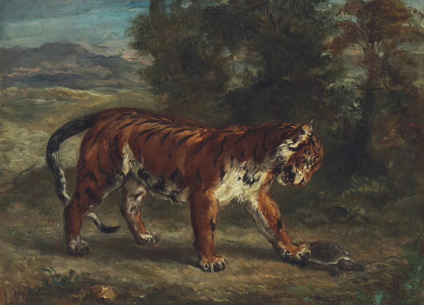 Tiger with a Tortoise (1862) by Eugène Delacroix — original painting reproduced as a hand-painted oil on canvas