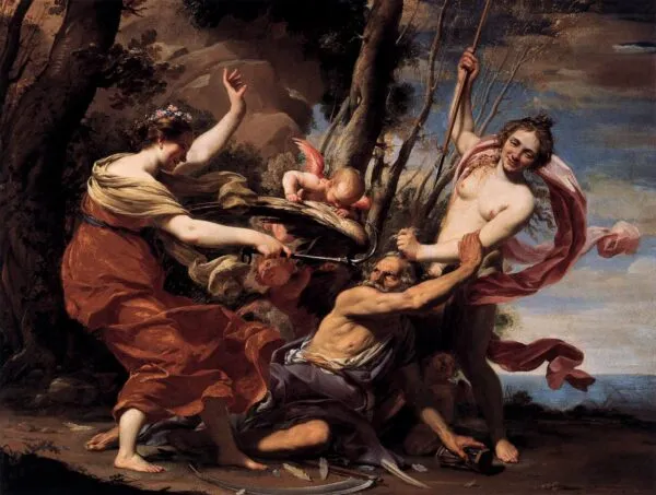 Time defeated by love, beauty and hope (1627) by Simon Vouet — original painting reproduced as a hand-painted oil on canvas