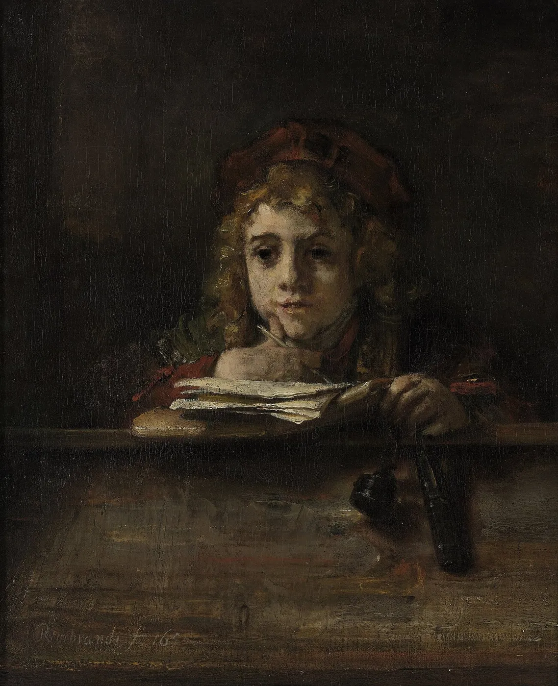 Titus at his desk (1655) by Rembrandt — original painting reproduced as a hand-painted oil on canvas