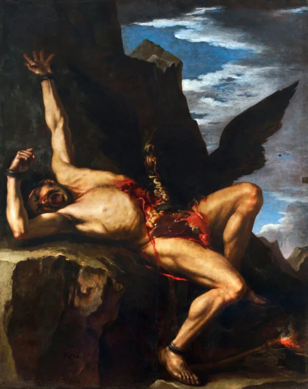 Torture of Prometheus (1640) by Salvator Rosa — original painting reproduced as a hand-painted oil on canvas