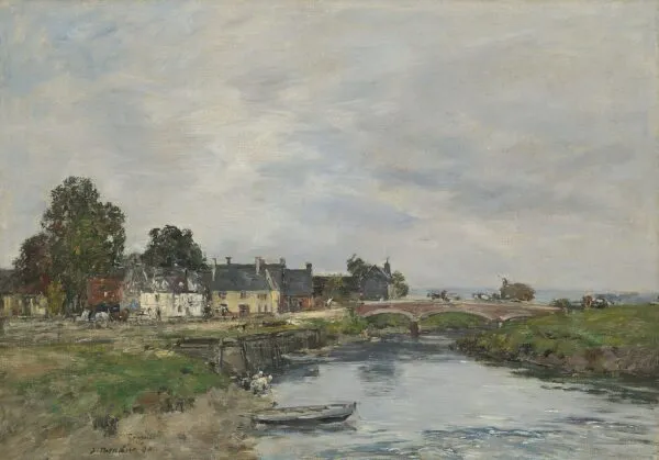 Touques, le vieux port à marée basse (1890) by Eugène Louis Boudin — original painting reproduced as a hand-painted oil on canvas
