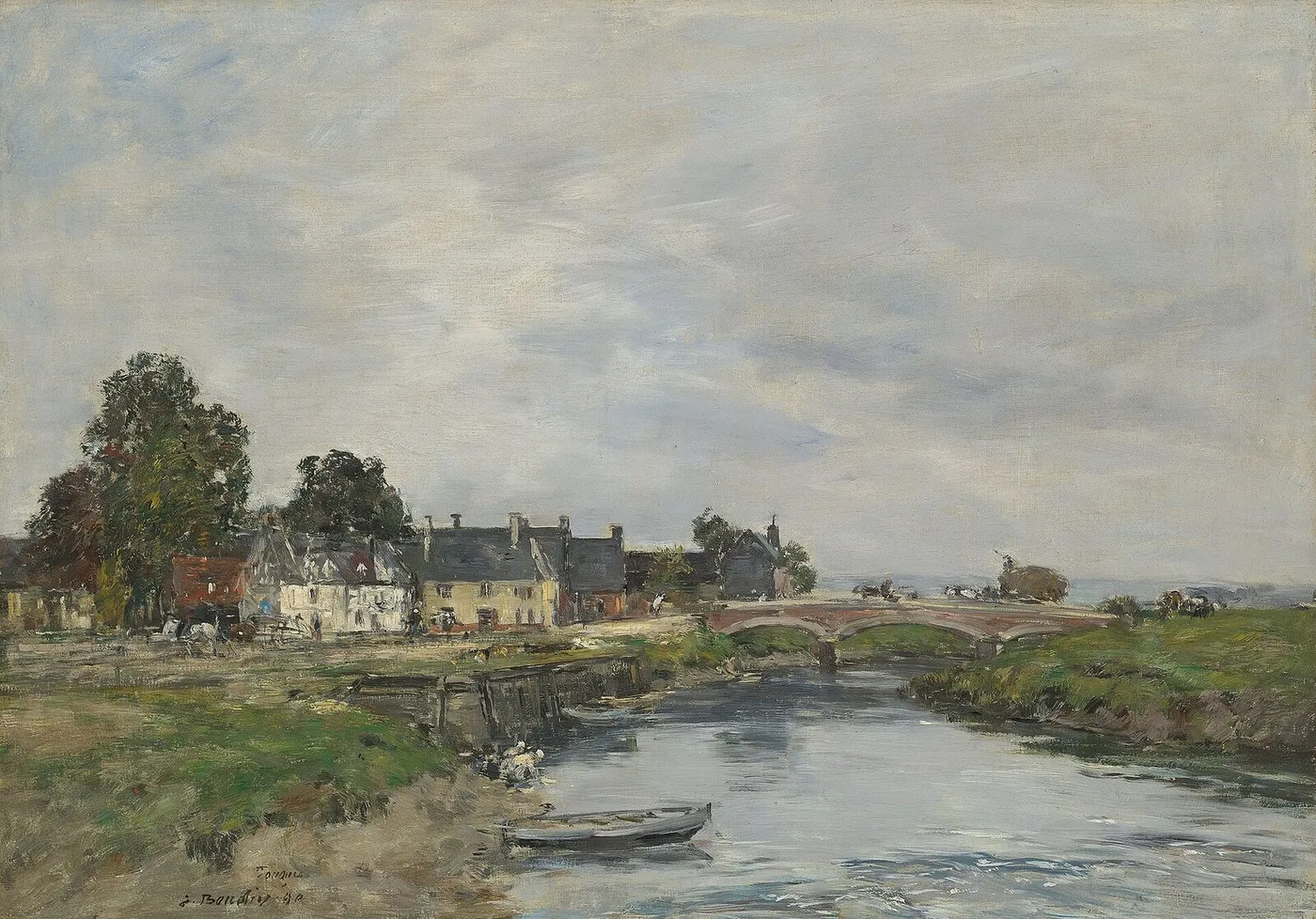 Touques, le vieux port à marée basse (1890) by Eugène Louis Boudin — original painting reproduced as a hand-painted oil on canvas