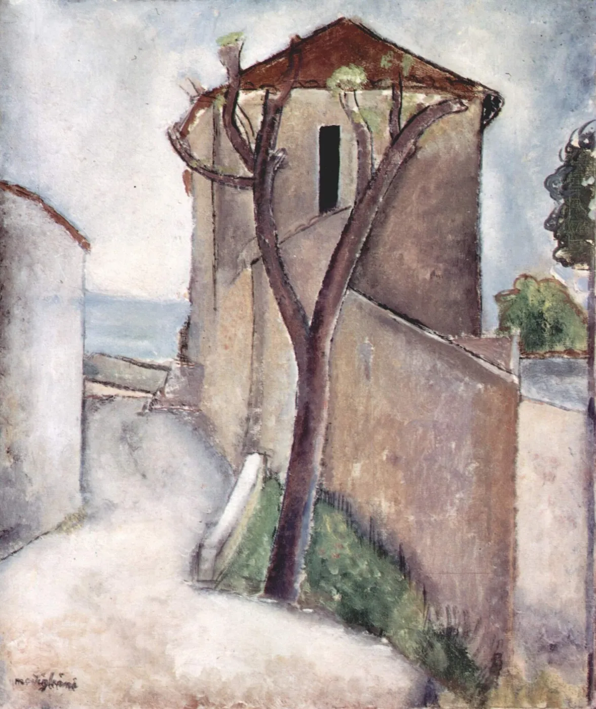 Tree and House (1919) by Amedeo Modigliani — original painting reproduced as a hand-painted oil on canvas