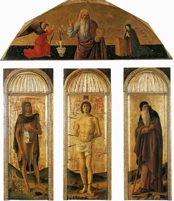 Triptych of Saint Sebastian (1464) by Giovanni Bellini — original painting reproduced as a hand-painted oil on canvas