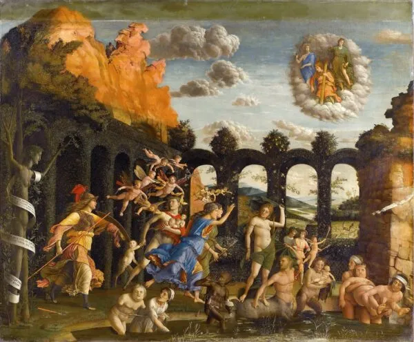 Triumph of the Virtues (1487) by Andrea Mantegna — original painting reproduced as a hand-painted oil on canvas