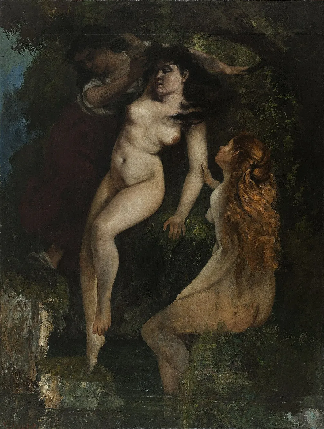 Trois Baigneuses (1867) by Gustave Courbet — original painting reproduced as a hand-painted oil on canvas