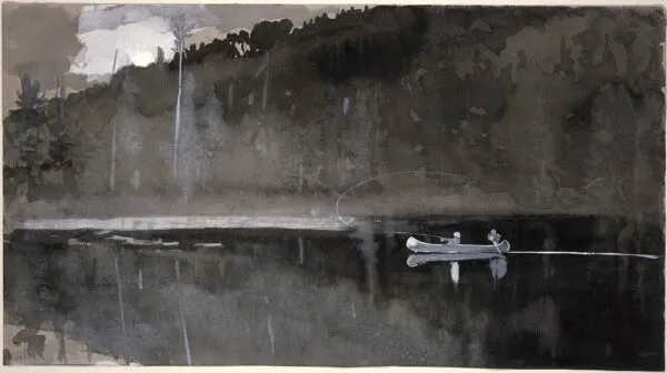 Trout Fishing, Lake St. John, Quebec (1895) by Winslow Homer — original watercolour reproduced as a hand-painted oil on canvas
