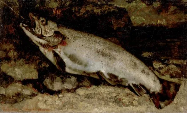 Trout (1872) by Gustave Courbet — original painting reproduced as a hand-painted oil on canvas