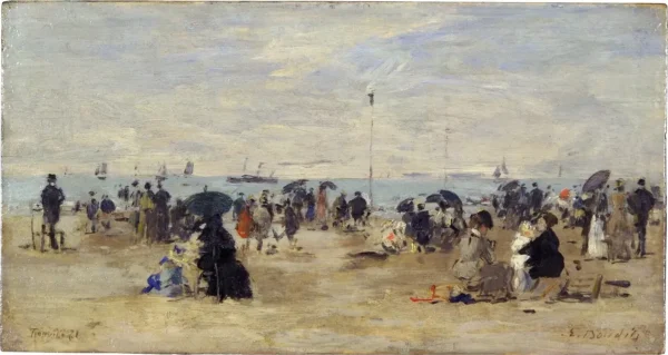Trouville, Beachscene (1881) by Eugène Louis Boudin — original painting reproduced as a hand-painted oil on canvas