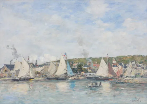 Trouville harbor (1893) by Eugène Louis Boudin — original painting reproduced as a hand-painted oil on canvas