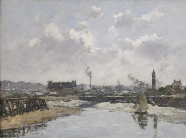 Trouville, le port marée basse, le matin (1889) by Eugène Louis Boudin — original painting reproduced as a hand-painted oil on canvas