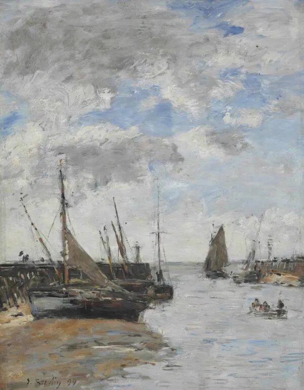 Trouville, Les jetées à marée basse (1894) by Eugène Louis Boudin — original painting reproduced as a hand-painted oil on canvas