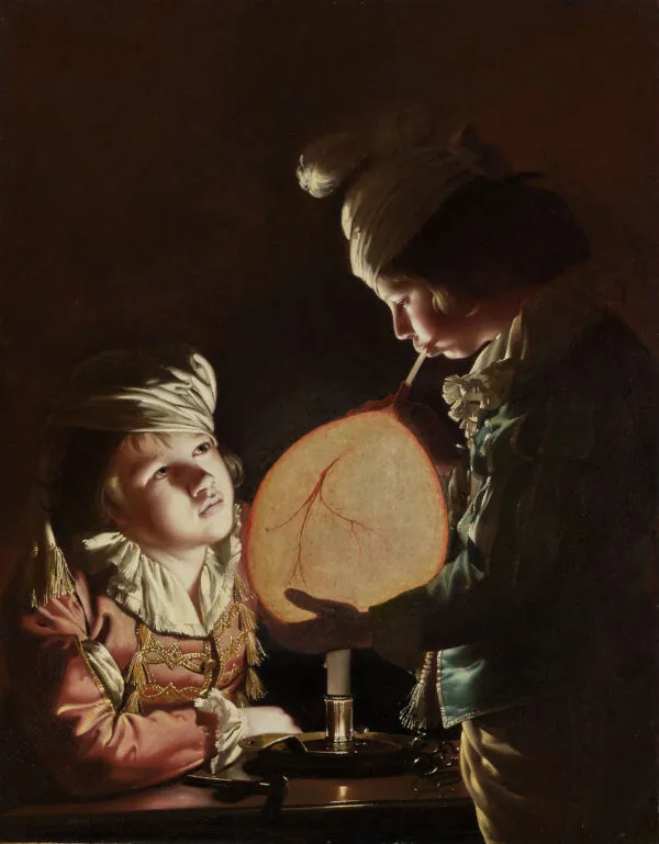 Two Boys with a Bladder (1767) by Joseph Wright of Derby — original painting reproduced as a hand-painted oil on canvas