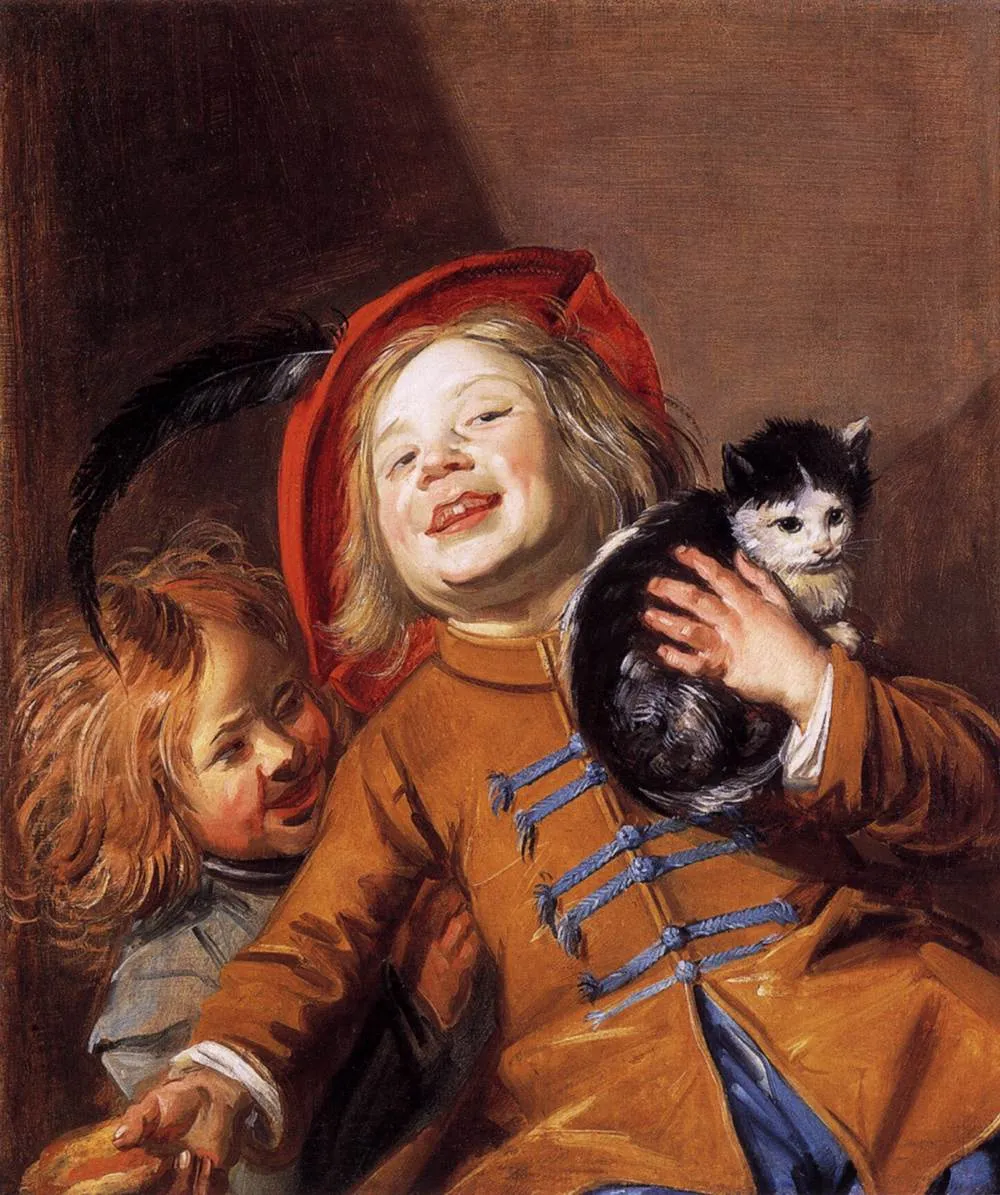 Two Children with a Cat (1630) by Judith Leyster — original painting reproduced as a hand-painted oil on canvas