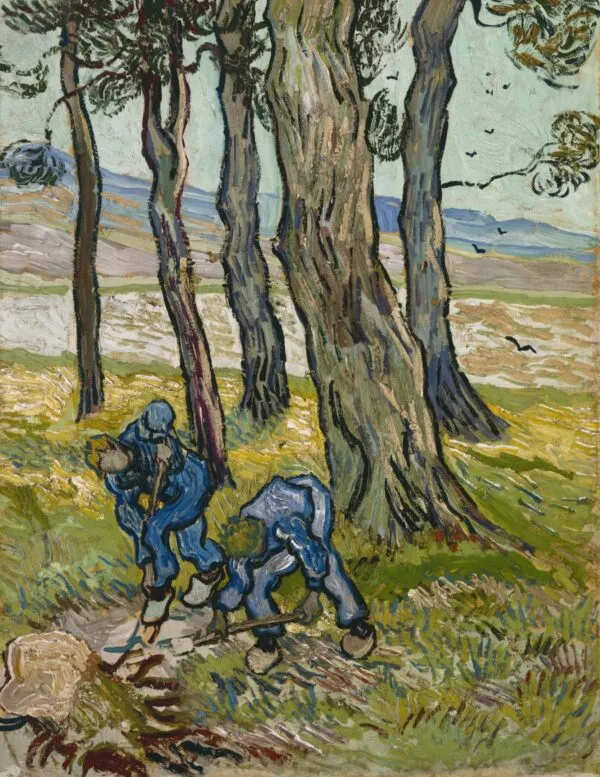 Two Diggers among Trees (1889) by Vincent van Gogh — original painting reproduced as a hand-painted oil on canvas