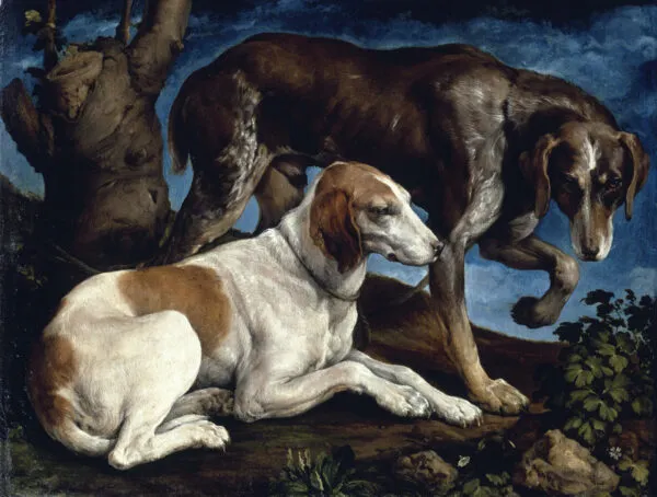 Two Hounds (1548) by Jacopo Bassano — original painting reproduced as a hand-painted oil on canvas