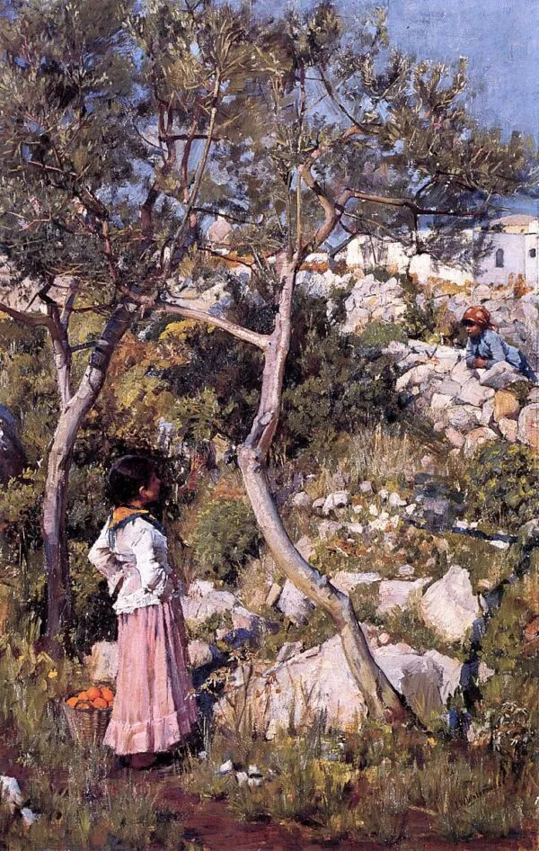Two Little Italian Girls by a Village (1875) by John William Waterhouse — original painting reproduced as a hand-painted oil on canvas