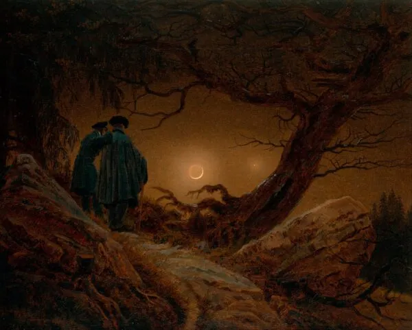 Two men contemplating the Moon (1819) by Caspar David Friedrich — original painting reproduced as a hand-painted oil on canvas