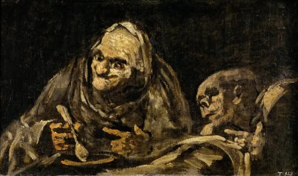 Two Old Men Eating Soup (1819) by Francisco Goya — original painting reproduced as a hand-painted oil on canvas