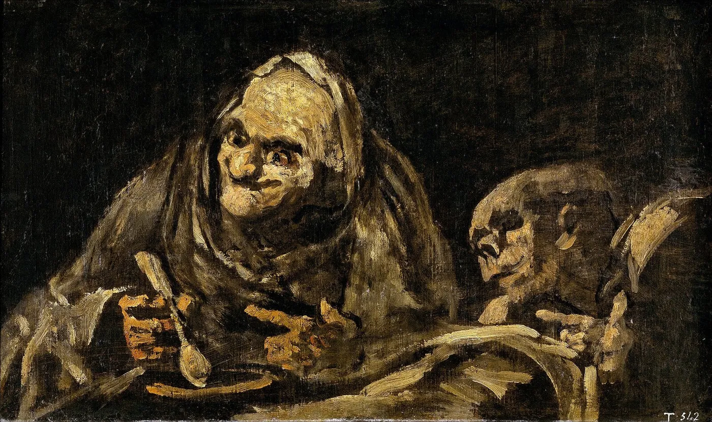 Two Old Men Eating Soup (1819) by Francisco Goya — original painting reproduced as a hand-painted oil on canvas
